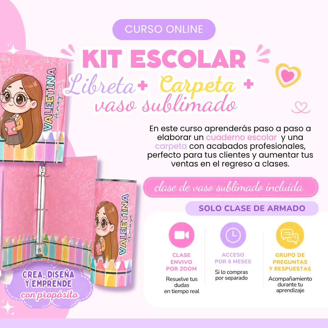Kit Escolar, carpeta, cuaderno escolar y vaso sublimado. - Curso Online