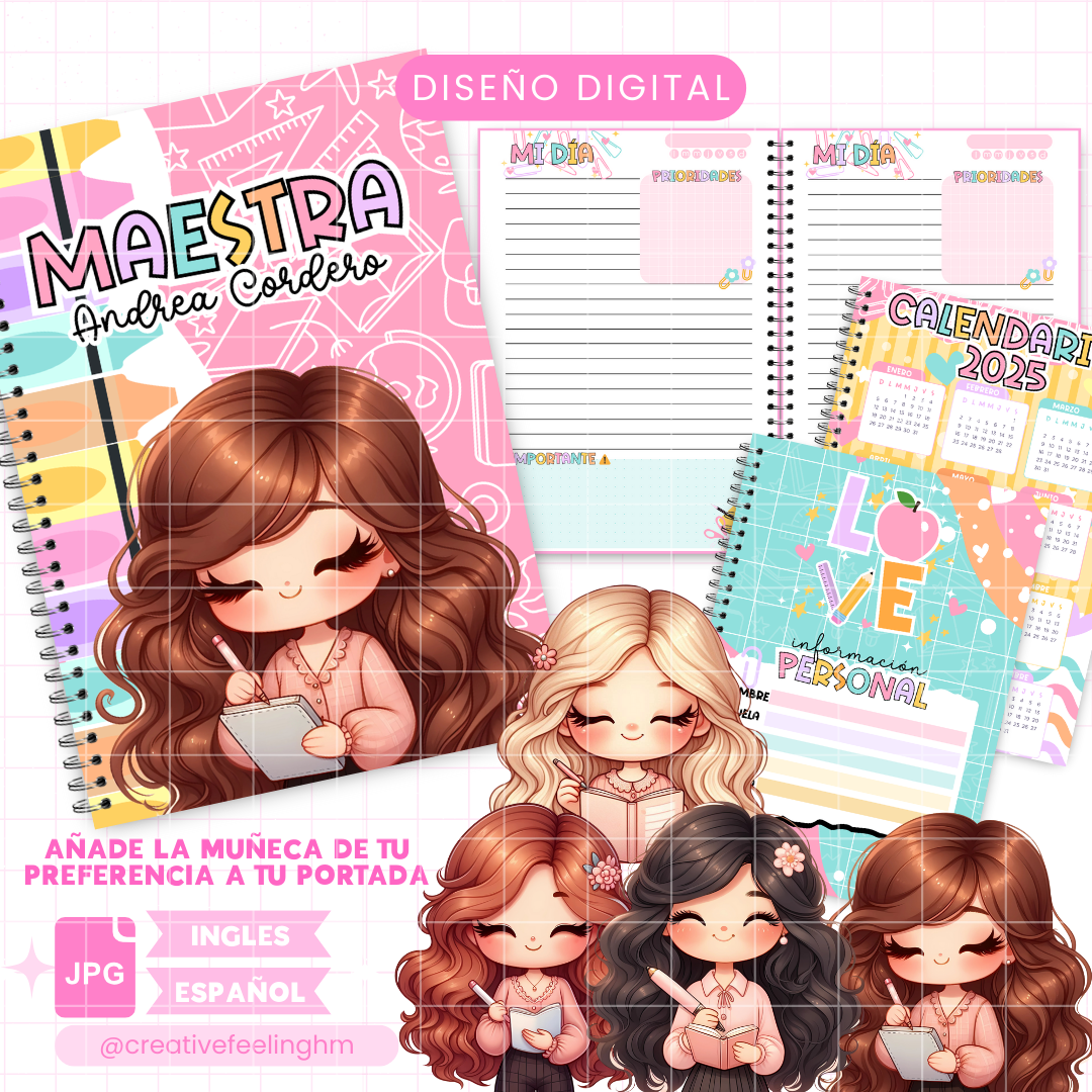 Libreta para maestra Cute Media Carta con cliparts - (Archivo Digital)