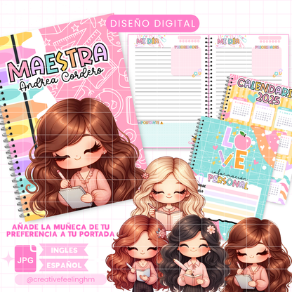 Libreta para maestra Cute Media Carta con cliparts - (Archivo Digital)