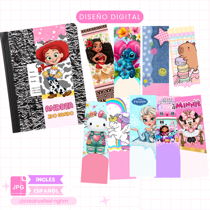 10 Stickers Verticales para Cuadernos Escolares para Niñas - Archivo Digital