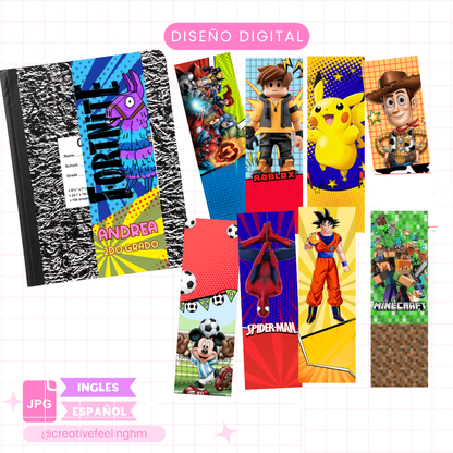 10 Stickers Verticales para Cuadernos Escolares para Niño - Archivo Digital