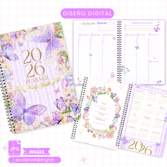 Planner 2026 semanal Floral , Media Carta INGLES - (Archivo Digital)