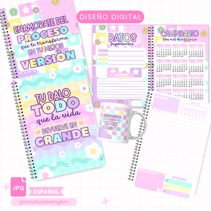 Libreta Cute Flores de Notas Media Carta - Taza (Archivo Digital)