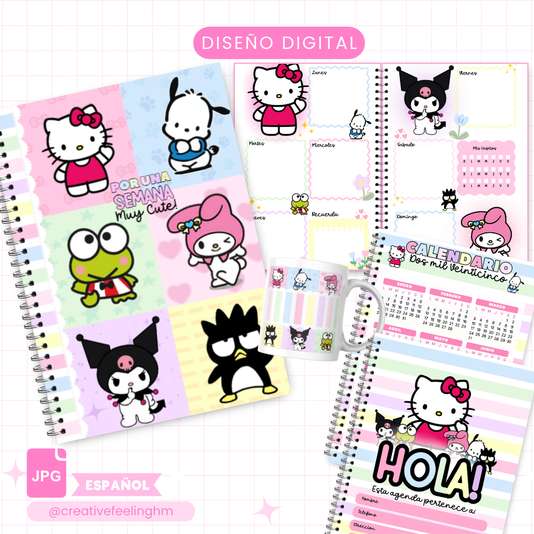 Sanrio, Hello Kitty, Kuromi,Libreta de Semanal Media Carta - Taza (Archivo Digital)