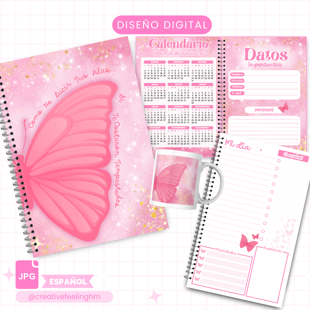 Libreta Mariposa Rosa, Diaria Media Carta - Taza (Archivo Digital)