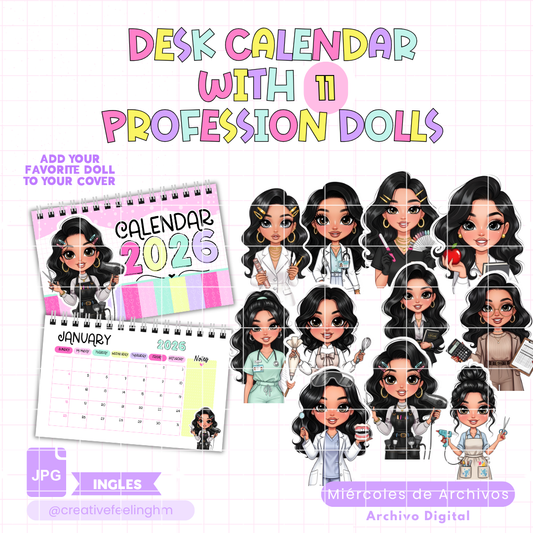 Calendario para mesa con 11 muñecas de profesiones en INGLES - (Archivo Digital)