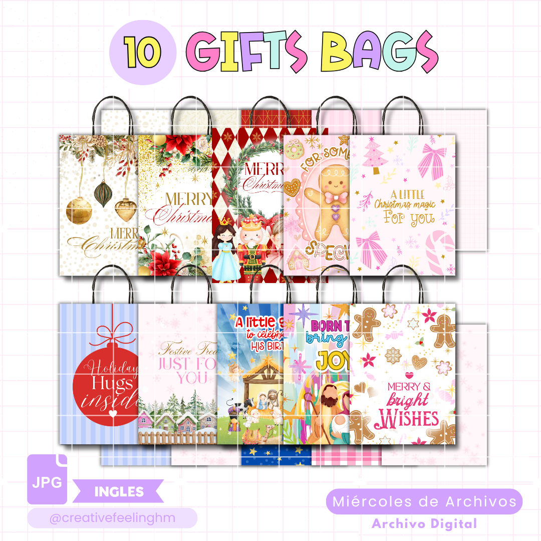 10 Bolsas de Regalo para Navidad INGLES - (Archivo Digital)
