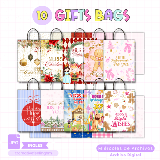 10 Bolsas de Regalo para Navidad INGLES - (Archivo Digital)