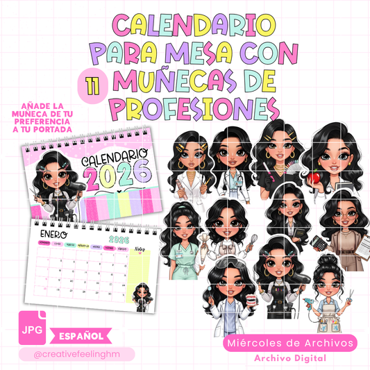 Calendario para mesa con 11 muñecas de profesiones en ESPAÑOL - (Archivo Digital)
