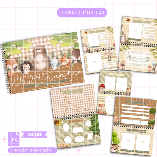 Álbum de bebé para Niño de Animalitos del Bosque - INGLES - (Archivo Digital)
