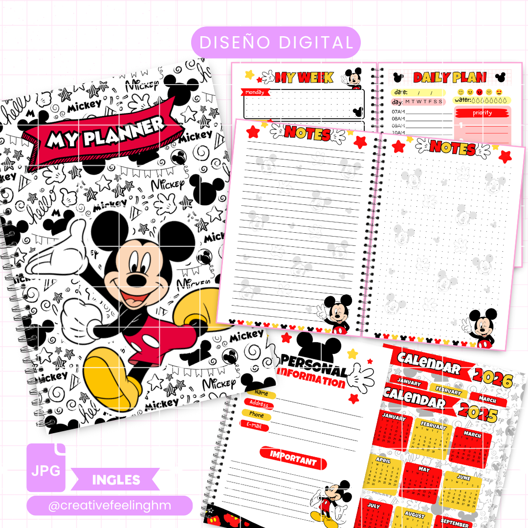 Libreta Diario, semanal y de notas Mickey Media Carta INGLES - (Archivo Digital)